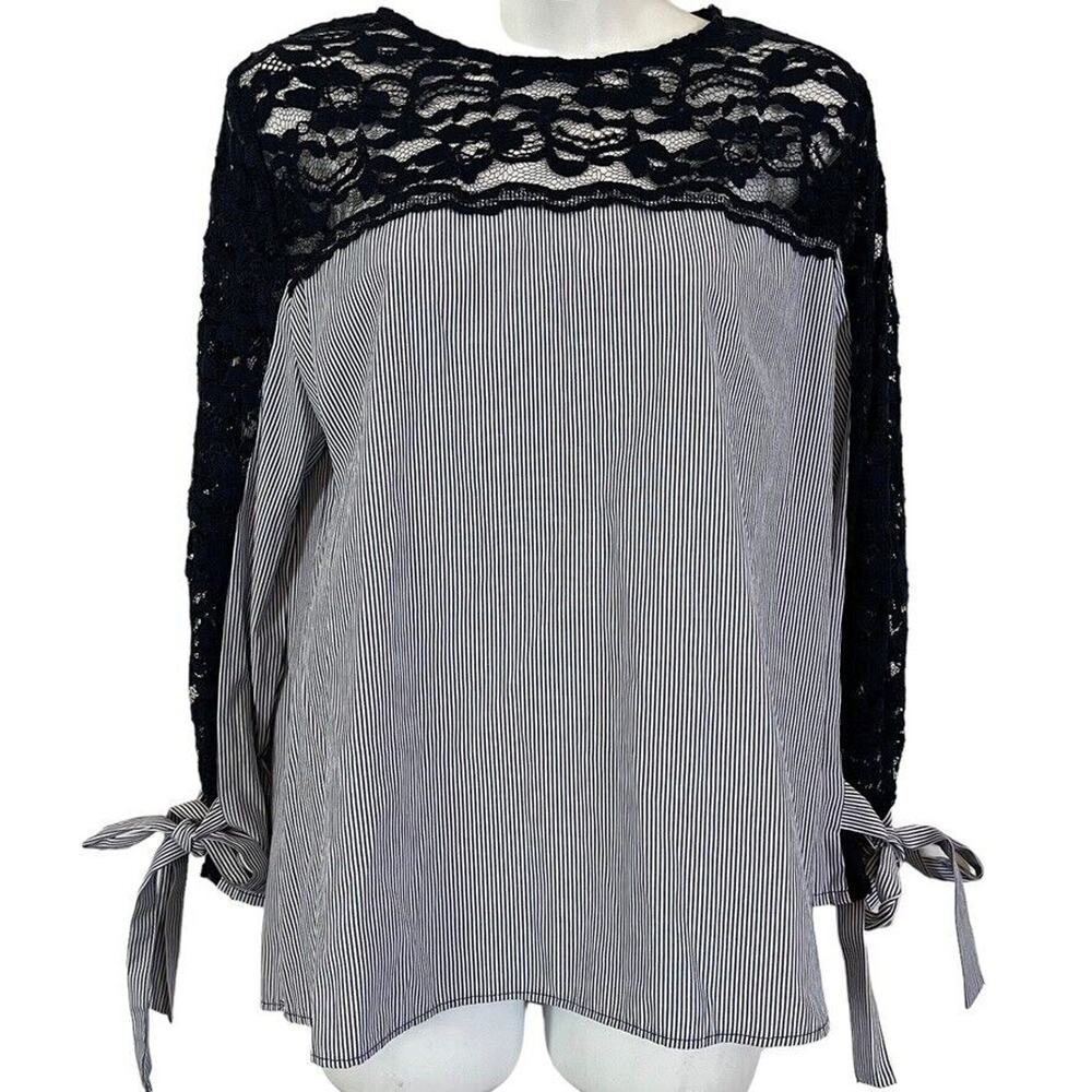 Zara Basic Collection Womens Seersucker Blue Lace Top Blouse Stripes Shirt sz L